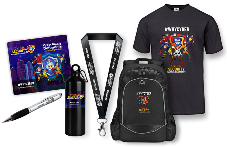 T-shirt, backpack, water bottle, mousepad, lanyard & pen